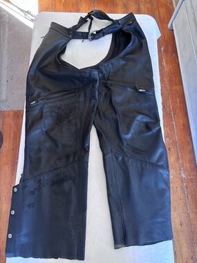 Men’s Power Trip Genuine Black Leather Motorcycle Riding Chaps Size Large
